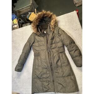 Larry Levine Goose Down Coat Womens Med Olive Quilted Faux Fur Hood Long Puffer